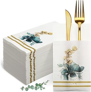 100 Pcs Eucalyptus Napkins with Built-in Flatware Pocket, Airlaid Paper Pre-Folded Napkins Disposable for Silverware, Wedding, Dinner, Party, Birthday, Christmas