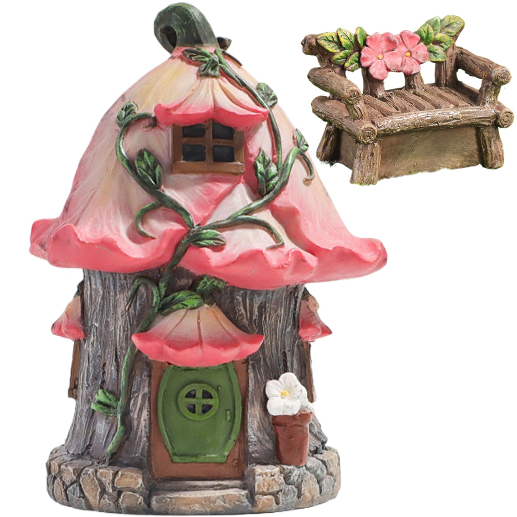Rosa Miniaturfee und Feenhaus-Skulptur aus Harz - Wasserdichtes Bauernhaus für Zuhause und Außenbereich - Entzückendes Feenhaus Kit mit Stuhl für Kinder und Erwachsene - Alle Jahreszeiten