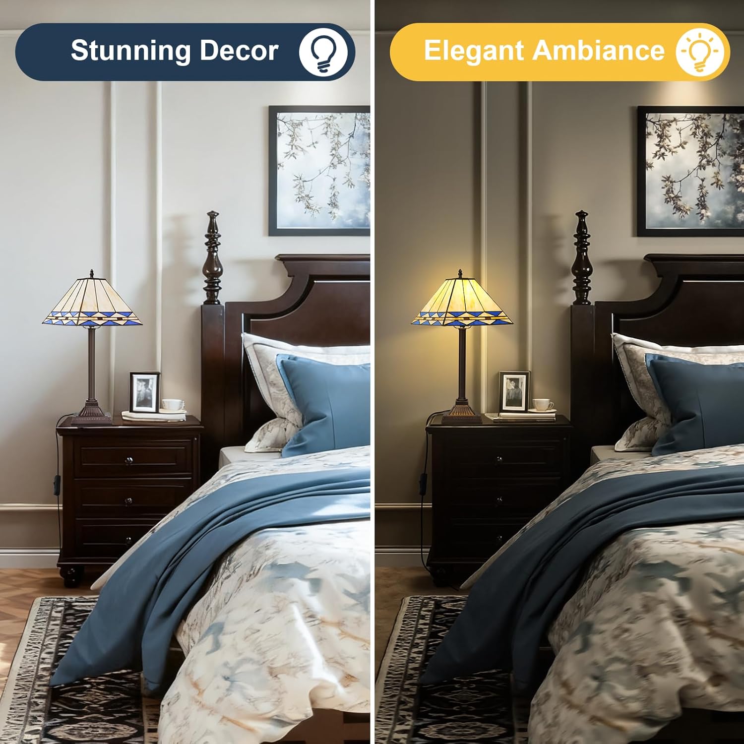 Table Lamp with Square Stained Glass Shade, Vintage Style Desk Lamp, Mid Century Modern Bedside Nightstand Lamps, Unique Decorative Accent Light for Bedroom Living Room Office (E26 Base)