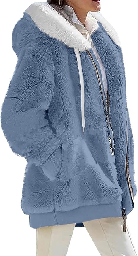 Fuzzy Fleece Jackets for Women Plus Size Hoodies Fall Winter Coats Color Block Patchwork Cardigan Coat with Pockets