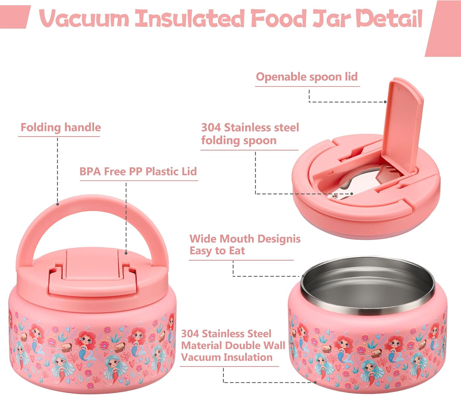 13.5oz Soup Thermo for Hot Food Kids Insulated Vacuum Food Jar with Buckle Lid,Wide Mouth Leakproof Stainless Steel Lunch Container with Spoon-Mermaid - Image 2