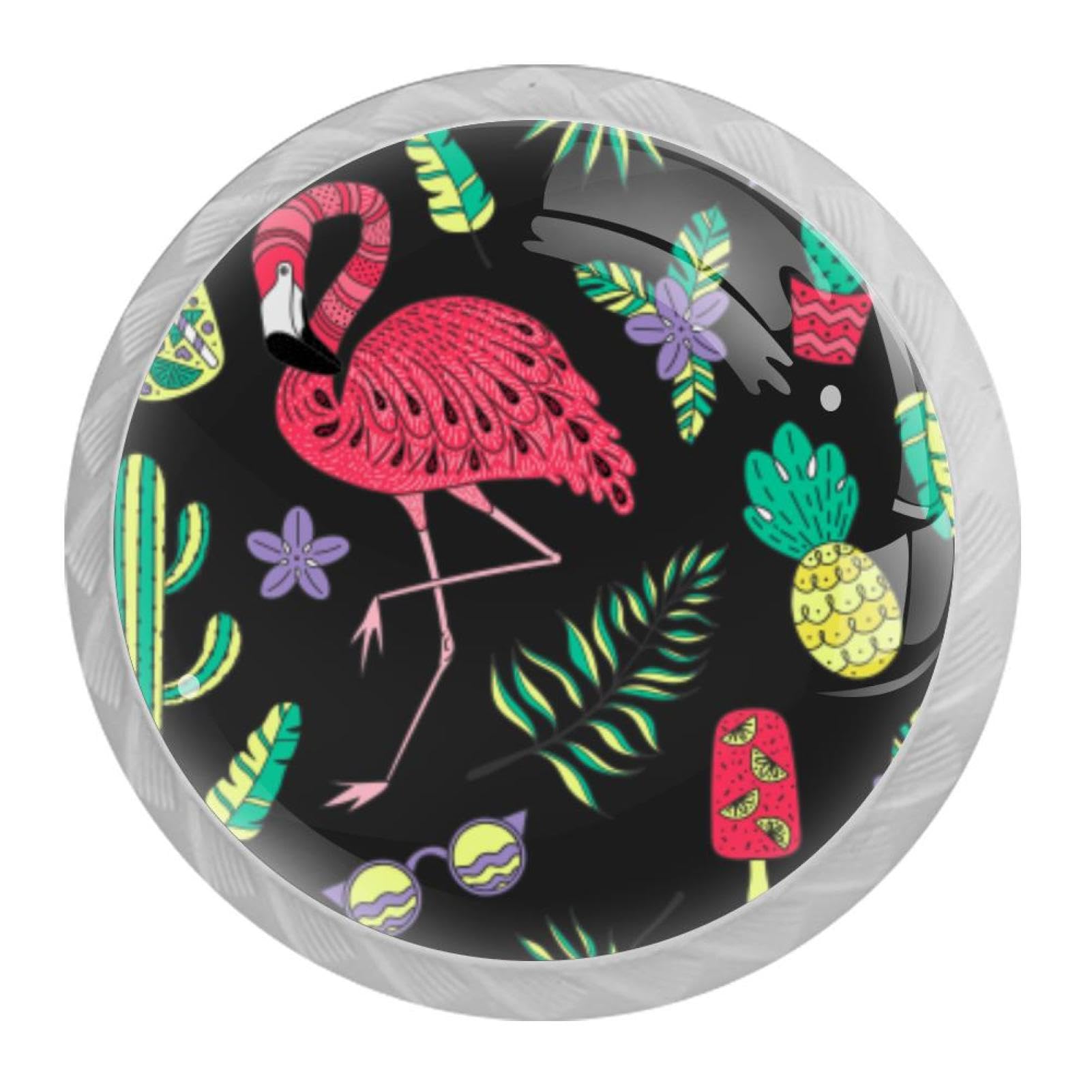 Tqmspg Multi07 4 Pieces Drawer Pulls Flamingo With Palm Leaf Door Knobs Dresser Handles For Kitchen Wardrobe Cupboard Hardware Furniture