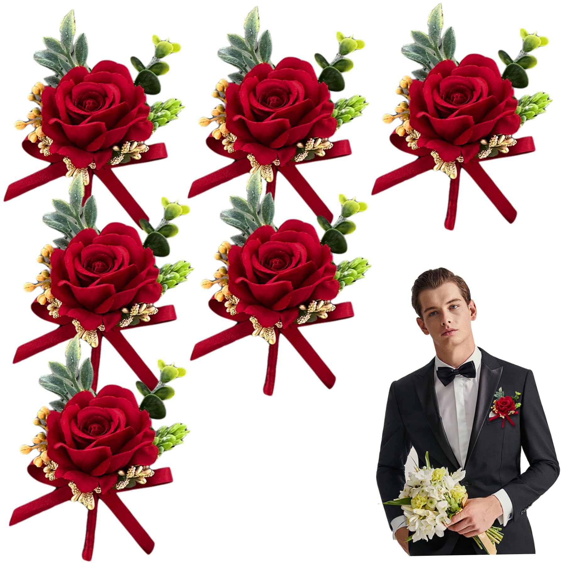 Lot de 6 Boutons de Roses Rouges pour Homme Exquis boutonnière Romantique avec épingle 5x3,5 Pouces Fleurs artificielles décoratives pour Mariage Bal Anniversaire fête