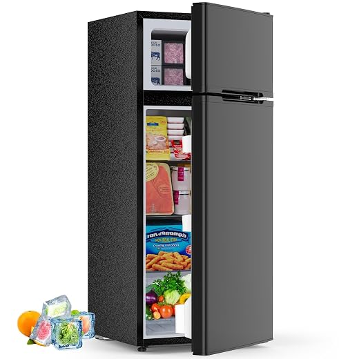 4.5 Cu.Ft Mini Fridge with Freezer, 2 Door Compact Refrigerator, Small Refrigerator with Adjustable Thermostat, Removable Glass Shelves, Crisper, Reversible Door for Dorm Office, Black