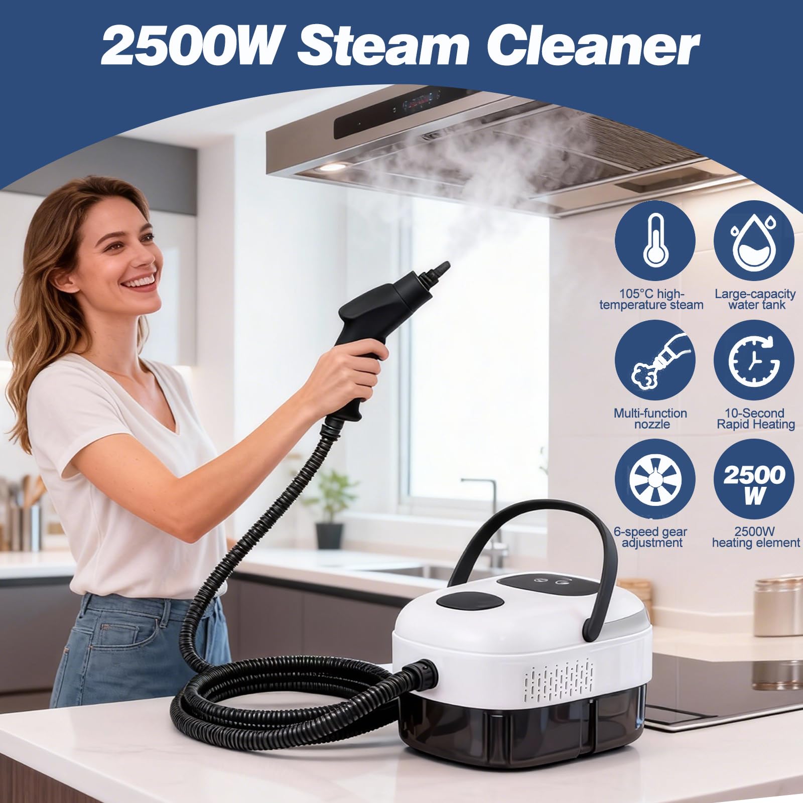 Limpiador a vapor, 2500 W, 3 bar, dispositivo de mano para el hogar, 6 niveles ajustable, con depósito de 1 l y 3 cabezales de cepillo para cocina, ventanas, suelos, azulejos, sofá y coche