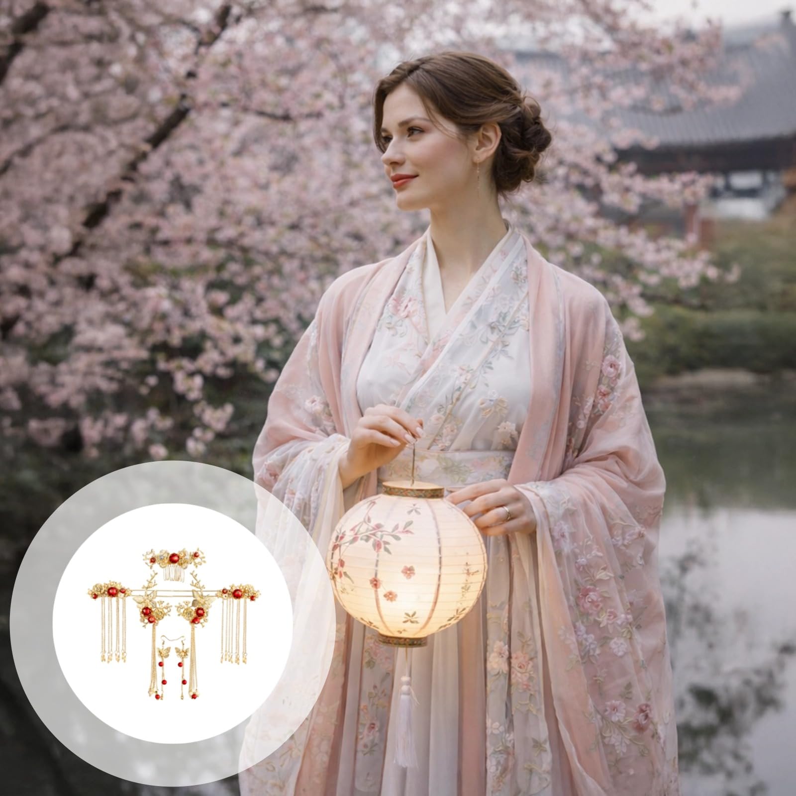 Set d’accessoires cheveux Hanfu papillon et pompon, peigne à épingle à cheveux perlé style classique, accessoires cheveux pour mariage, boucles d’oreilles assorties