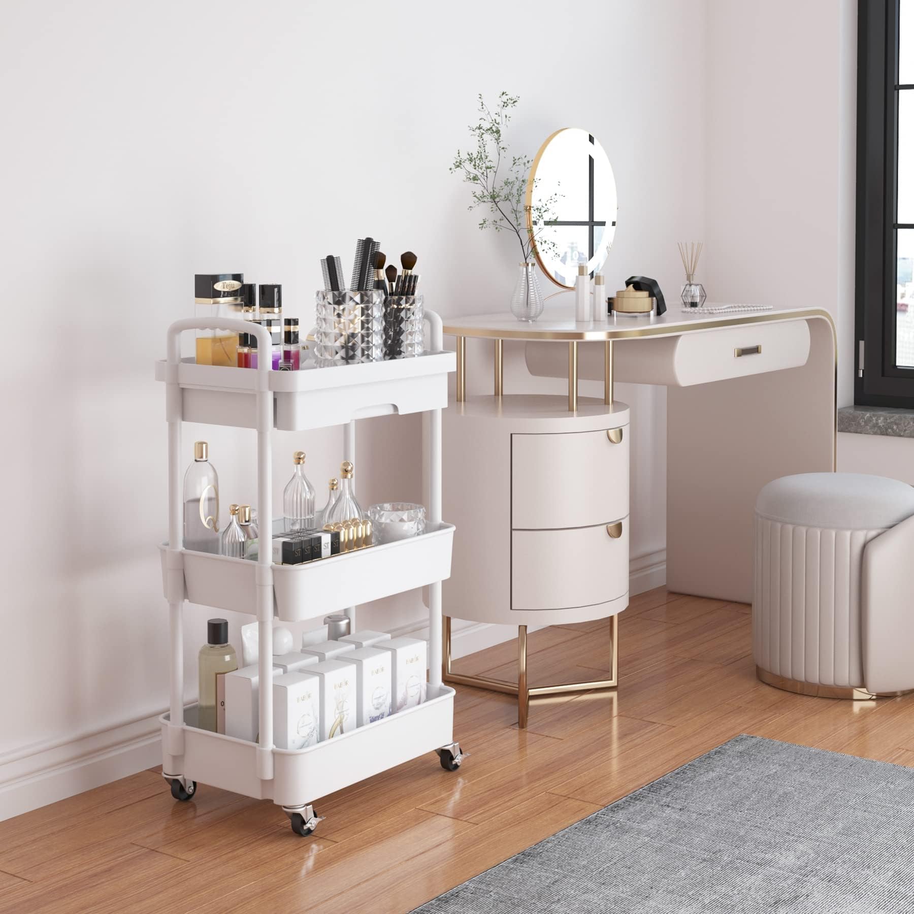 3 livelli Carrellino con Ruote Portatutto con Cassetto Salvaspazio Carrello Portaoggetti per Bagno Cucina Plastica
