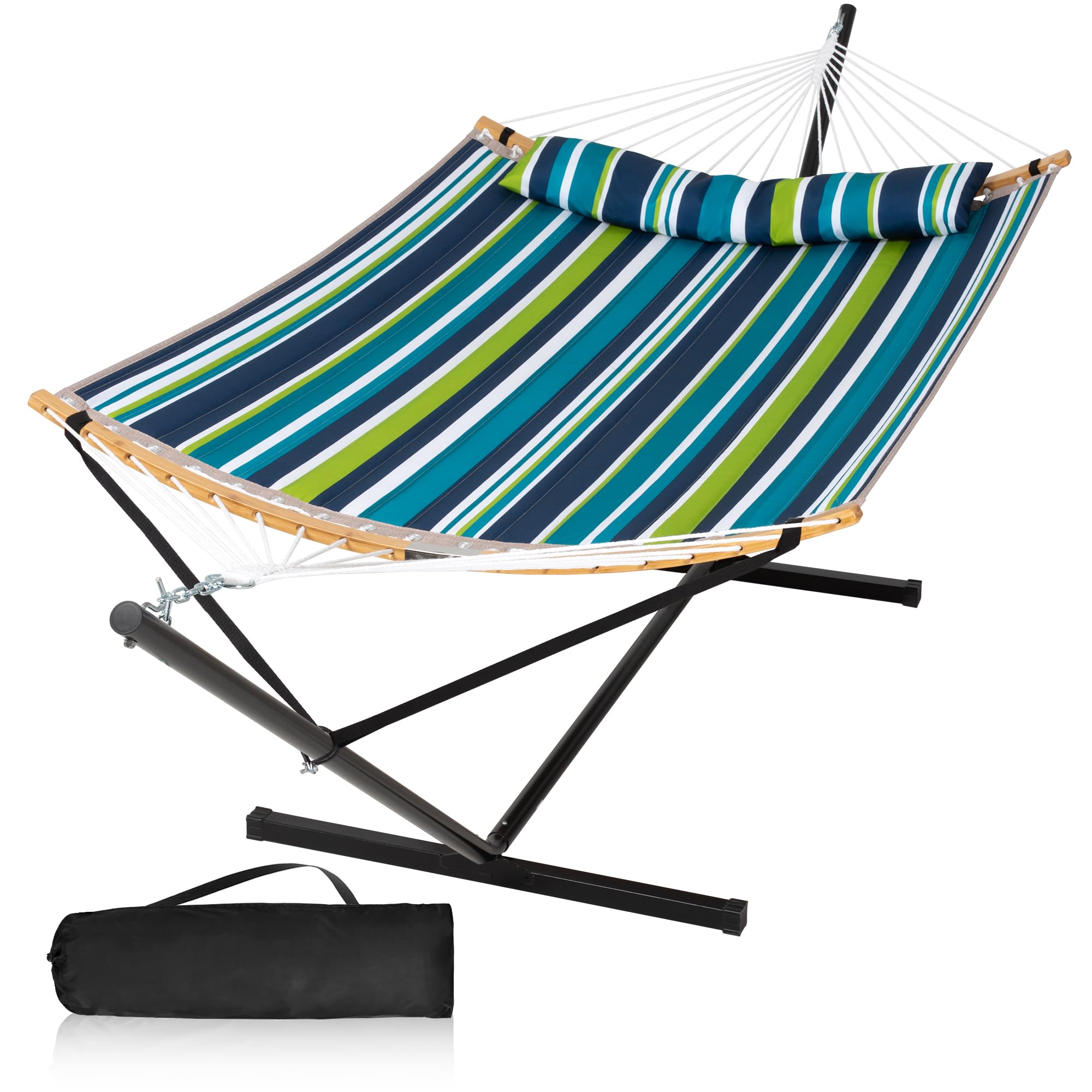 Double Hammock with 12FT Stand for Outside, Green Blue Stripe