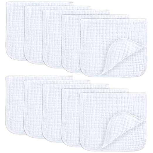 Comfy Cubs Muslin Burp Cloths 20" x 10", Pack of 10 - Large, 6-Layer, Ultra Absorbent 100% Cotton for Baby Drool and Messes - Soft, Safe & Gentle Baby Burp Cloths for Boys & Girls - White