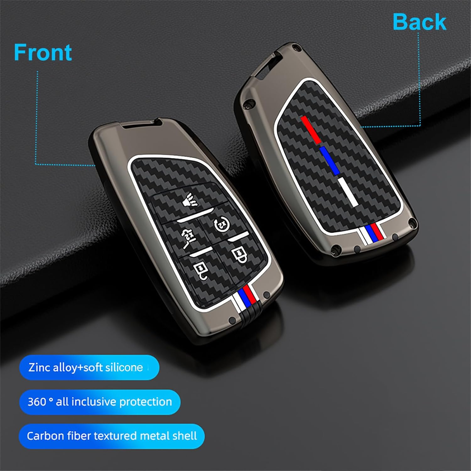 5 Button Heavy Metal Key Fob Cover, Compatible with 2021-2025 2026 GMC Yukon Denali Sierra, Fit for Chevy Silverado Suburban Tahoe Buick, with Carbon Fiber Pattern, Gunmetal (1 Pcs)