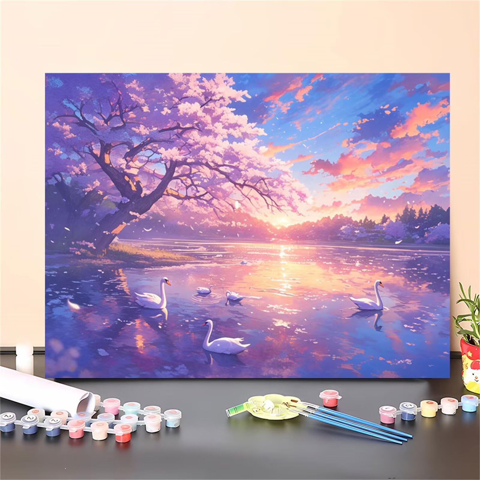Malen Nach Zahlen Erwachsene Schwan Malen Nach Zahlen Religion Paint by Numbers für Anfänger,DIY Handgemalt Ölgemälde Leinwand Kit mit Pinseln Acrylfarben Bastelset,Home Wand Dekor Gift 60x90cm M-1416