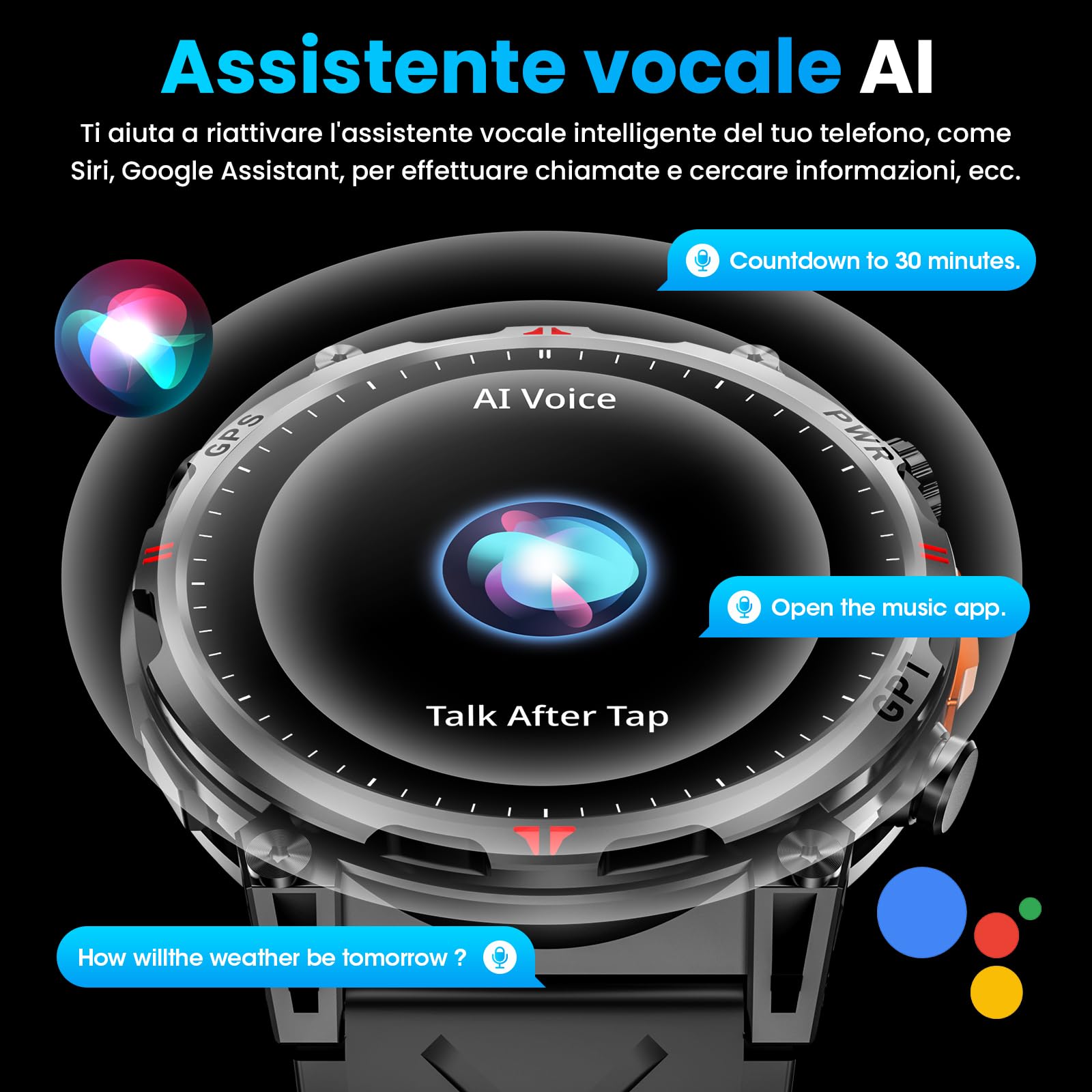 Orologio intelligente militare con GPS, orologio intelligente con assistente vocale GPT/LED Flashlight Compass,a schermo AMOLED da 1,56" Per uomini, compatibile con Android e iOS (Nero)