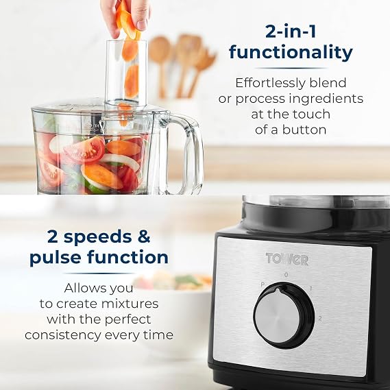 Tower Multi-Function Food Processer & Blender with 2L Mixing Bowl, 1.8L Jug, 2 Speed Settings & Pulse Function, 750W, Black, T18008BLK