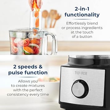 Tower Multi-Function Food Processer & Blender with 2L Mixing Bowl, 1.8L Jug, 2 Speed Settings & Pulse Function, 750W, Black, T18008BLK
