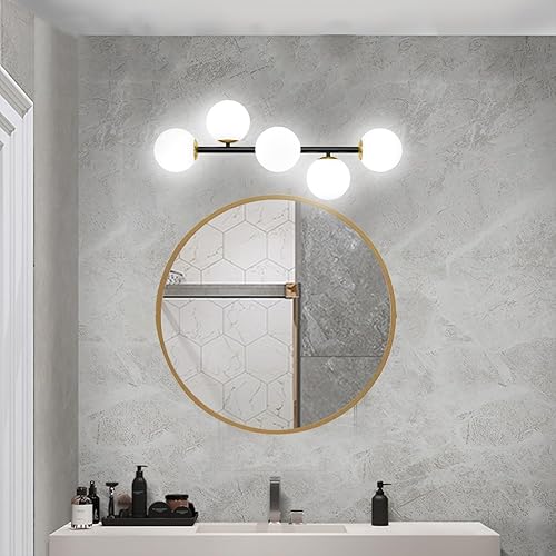 Miniatura 12 de Luces de tocador de baño modernas de mediados de siglo, 5 lámparas de baño de latón dorado, lámpara de techo semiempotrada, lámpara de pared dorada