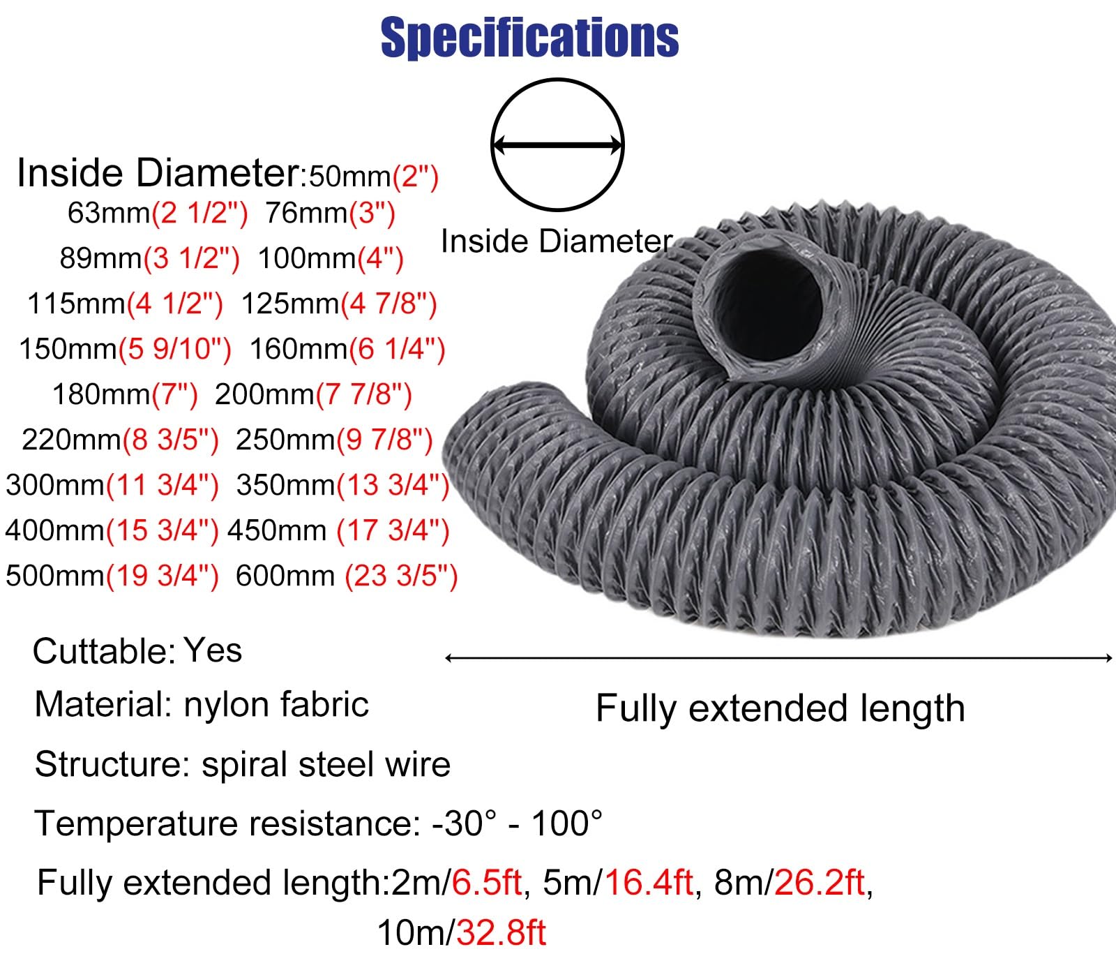 Mangueras de conducto portátiles comerciales, impermeables, flexibles, para secadoras, cocina, baño, 11 3/4 pulgadas de diámetro, 6.5 pies de longitud, incluye abrazaderas, ideal para uso doméstico y