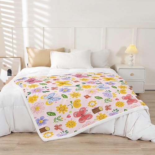 Miniatura 2 de Manta de franela rosa con diseño de mariposas y flores, romántica manta de vellón de animales para decoración de habitaciones, bonita manta de