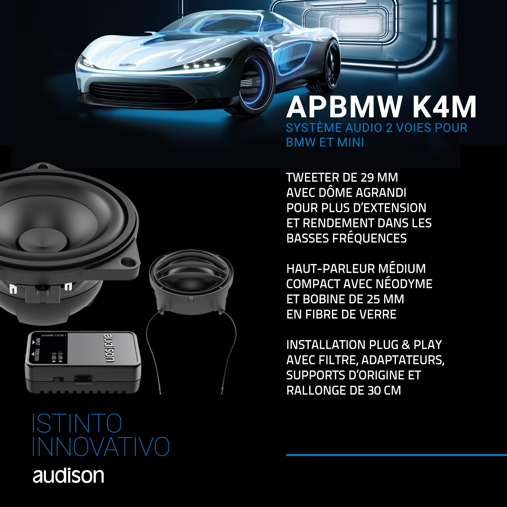 Audison APBMW K4M kit 2 Voies 100 mm, 100 W | tweeter 29 mm, filtre inclus, 4 pouces, 50 W RMS, 4 Ohm, 88 dB