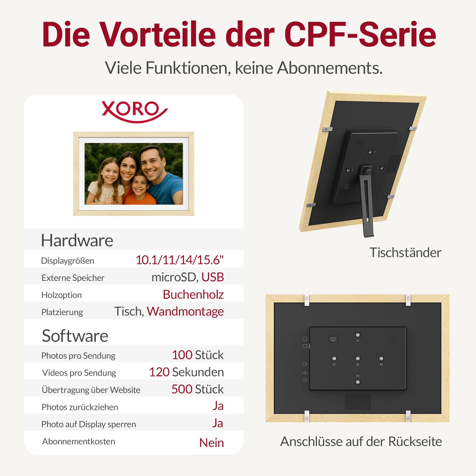 XORO 10,1 Zoll WiFi Digitale Bilderrahmen, 1920x1080 Full HD 1080P IPS Touch Display, 32GB Speicher, Automatische Rotation, Buchenholz, Teilen Sie Fotos sofort von überall aus