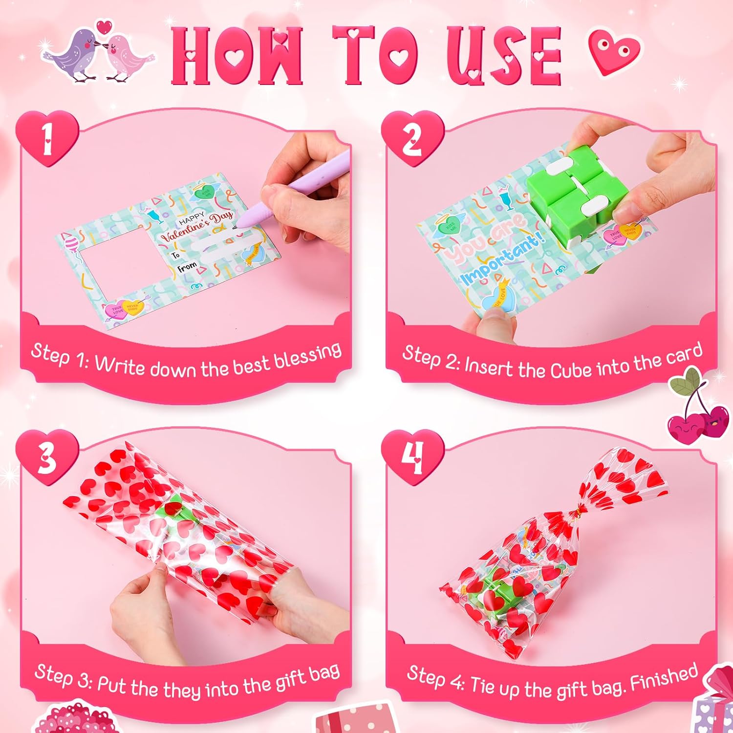 Seenelling 24 Sets Valentine's Day Gifts Infinity Cubes with Valentines Gift Cards and Heart Bags Fidget Magic Cubes Stress Relief for Valentines Party Favors Exchange Gift Prize Goodie Bag Stuffers