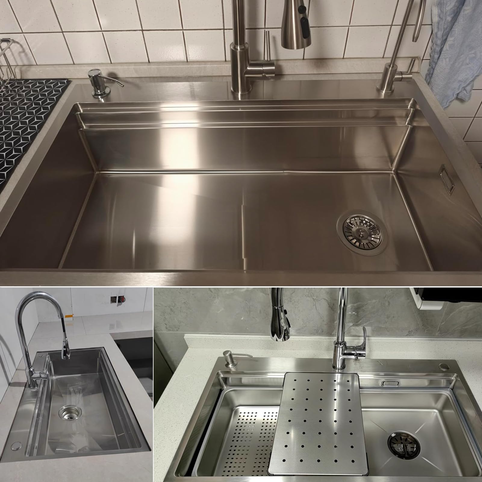 Lavello da cucina in acciaio inox 304, 85 x 50 cm, lavello da incasso, 1 vasca con sgocciolatoio, lavello multifunzione con cestello sgocciolatoio, sifone, set di scarico e troppopieno, lavello