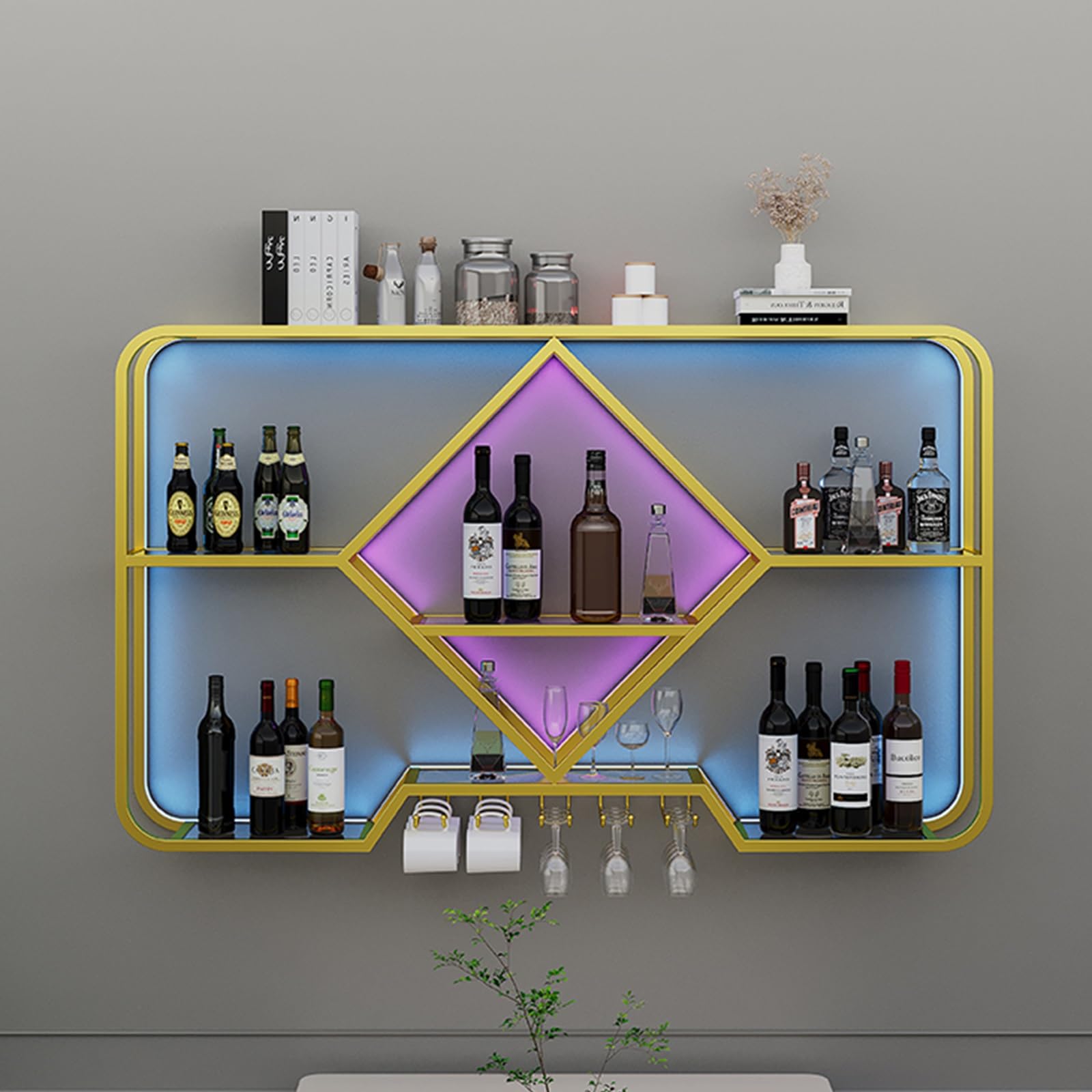 Étagère à vin murale à 2 niveaux avec éclairage LED intégré pour bouteilles