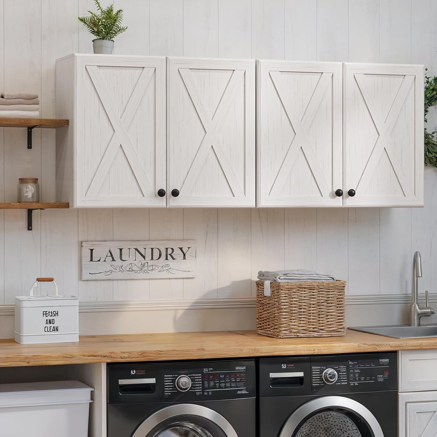 FIMELLO 60" White Laundry Room Wall Cabinets with Barn Doors, Adjustable Shelf, Easy One-Person Install for Kitchen Bathroom Storage