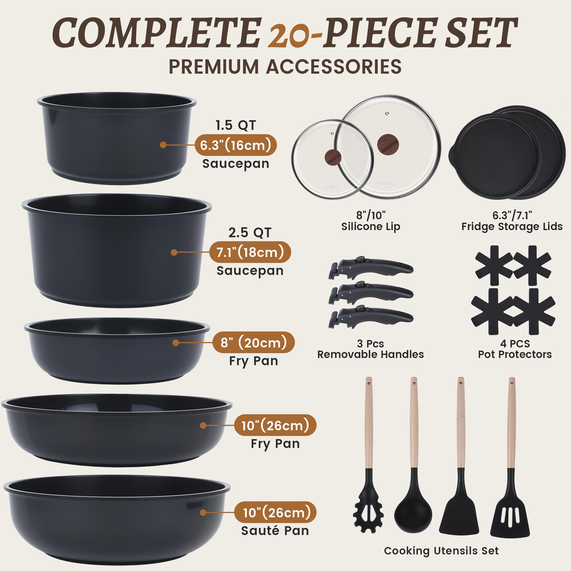 Set di pentole e padelle con rivestimento antiaderente in ceramica e manico rimovibile, compatibile con tutti i piani cottura, lavabile in lavastoviglie, senza PFAS PTFE PFOA PFOS (nero, 20