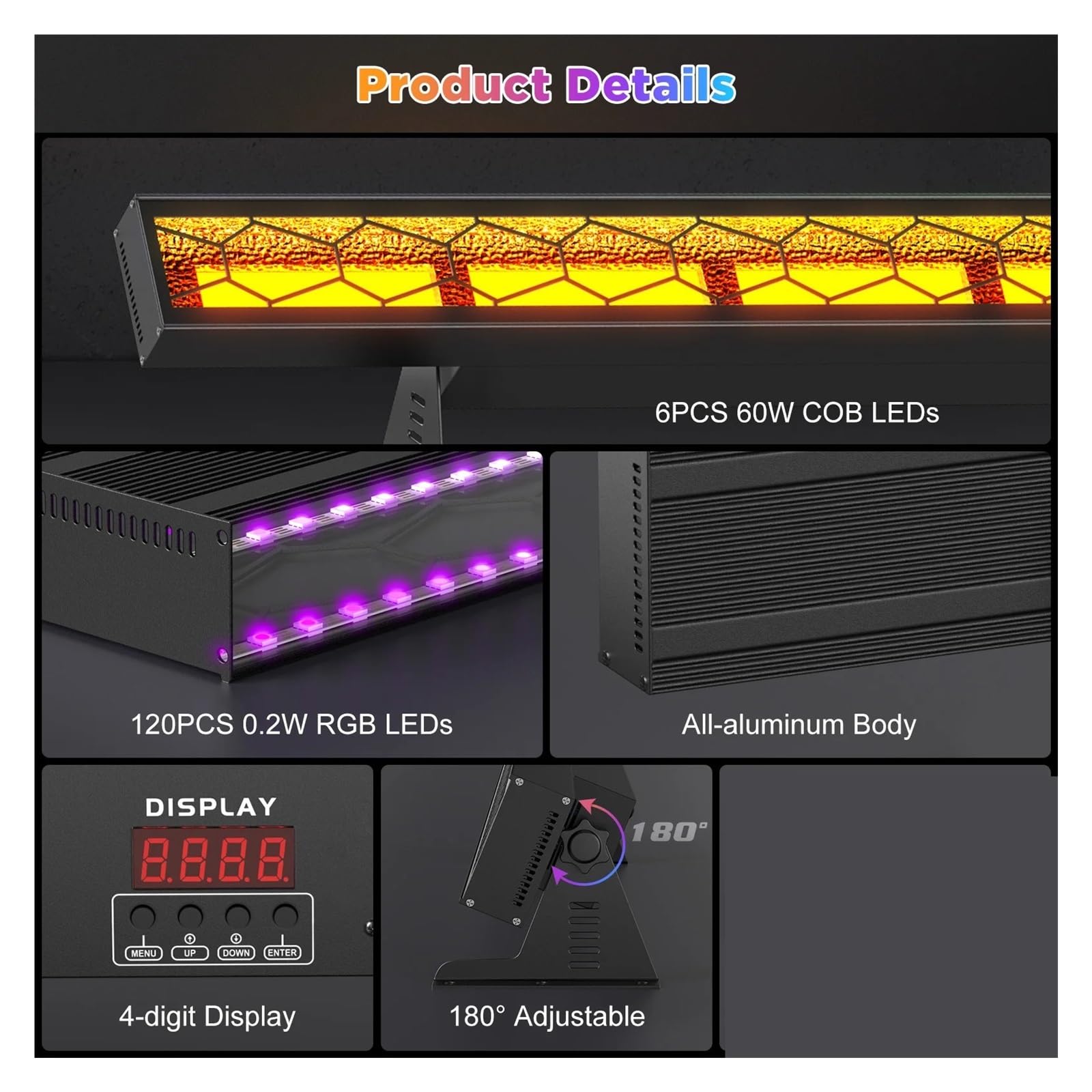 Oświetlenie LED RGB, 420W COB LED Retro Lights Bar 6X60W +120X0.2W RGB Stage Light DMX512 DJ For Outdoor Wedding Party Show Club