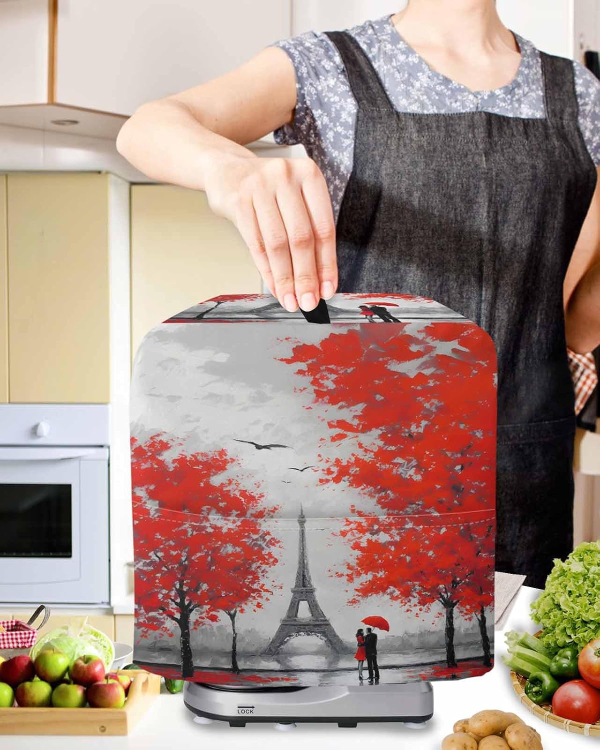 Valentine's Day Stand Mixer Cover with Storage Pocket, Waterproof Kitchen Mixer Covers, Romantic Couples Rainy Red Flowers Birds Kitchen Appliance Dust Cover Compatible with 5-8 Quart Mixers