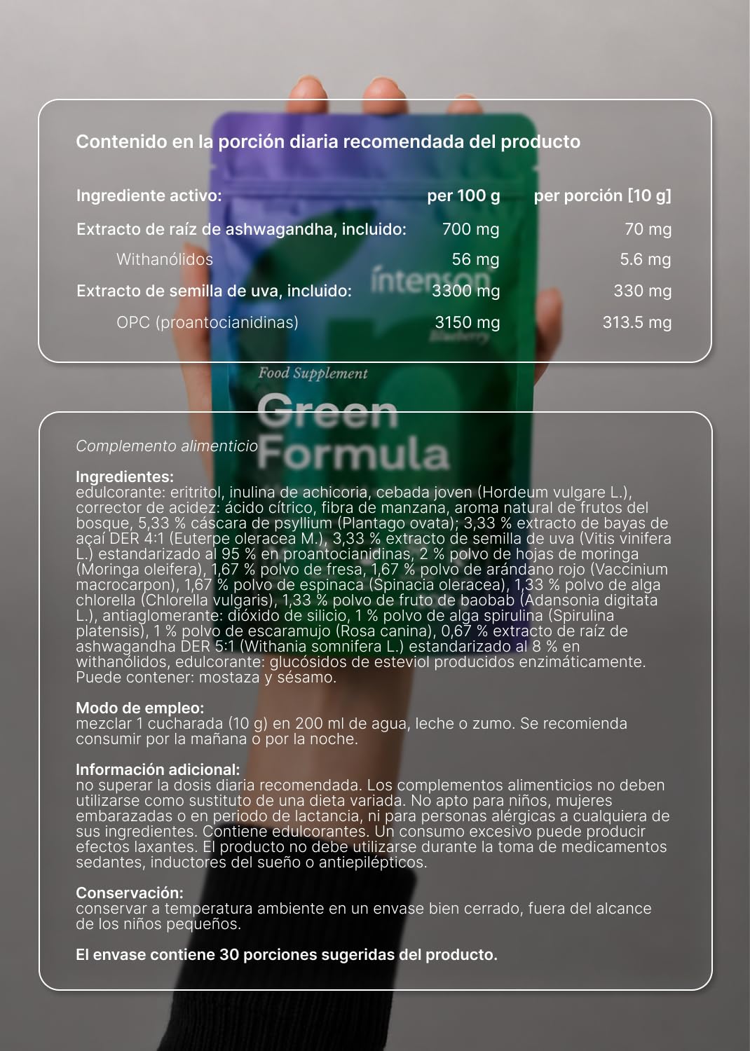 Intenson Green Formula, Arándanos, Super Greens Powder, 300 g | Mezcla de Superalimentos con Chlorella, Espirulina, Ashwagandha con OPC y Moringa, Sin Azúcar, Naturalmente Endulzado
