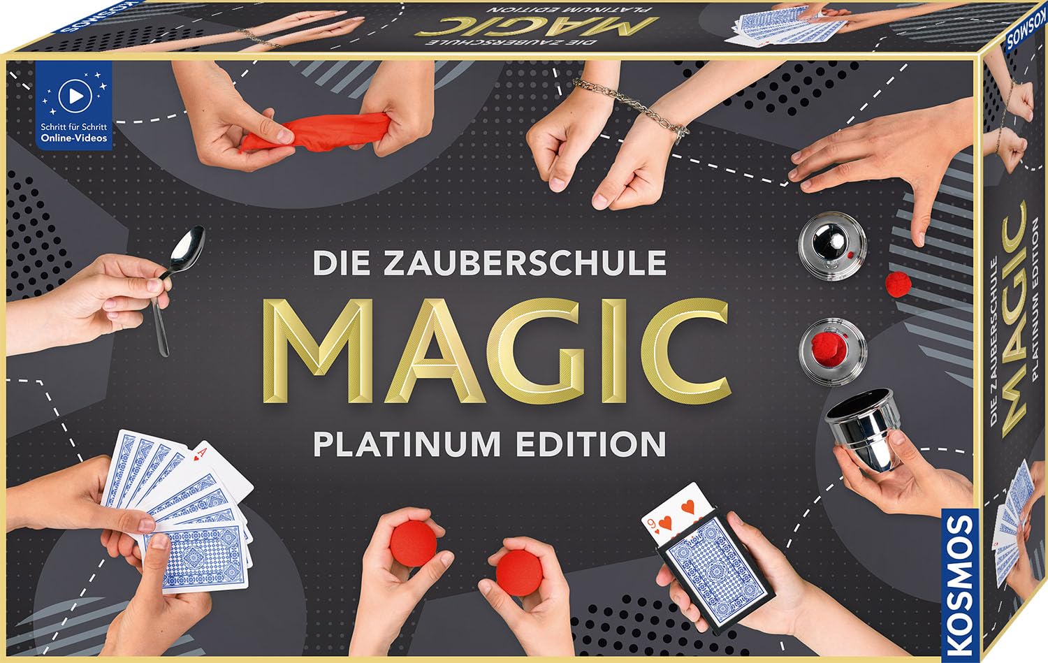 KOSMOS 697082 MAGIC Die Zauberschule - Platinum Edition, 180 Zauber Tricks, viele magische Zauber Utensilien, Zauberkasten für Kinder ab 8 Jahre, bebilderte Anleitung, Online Erklärvideos