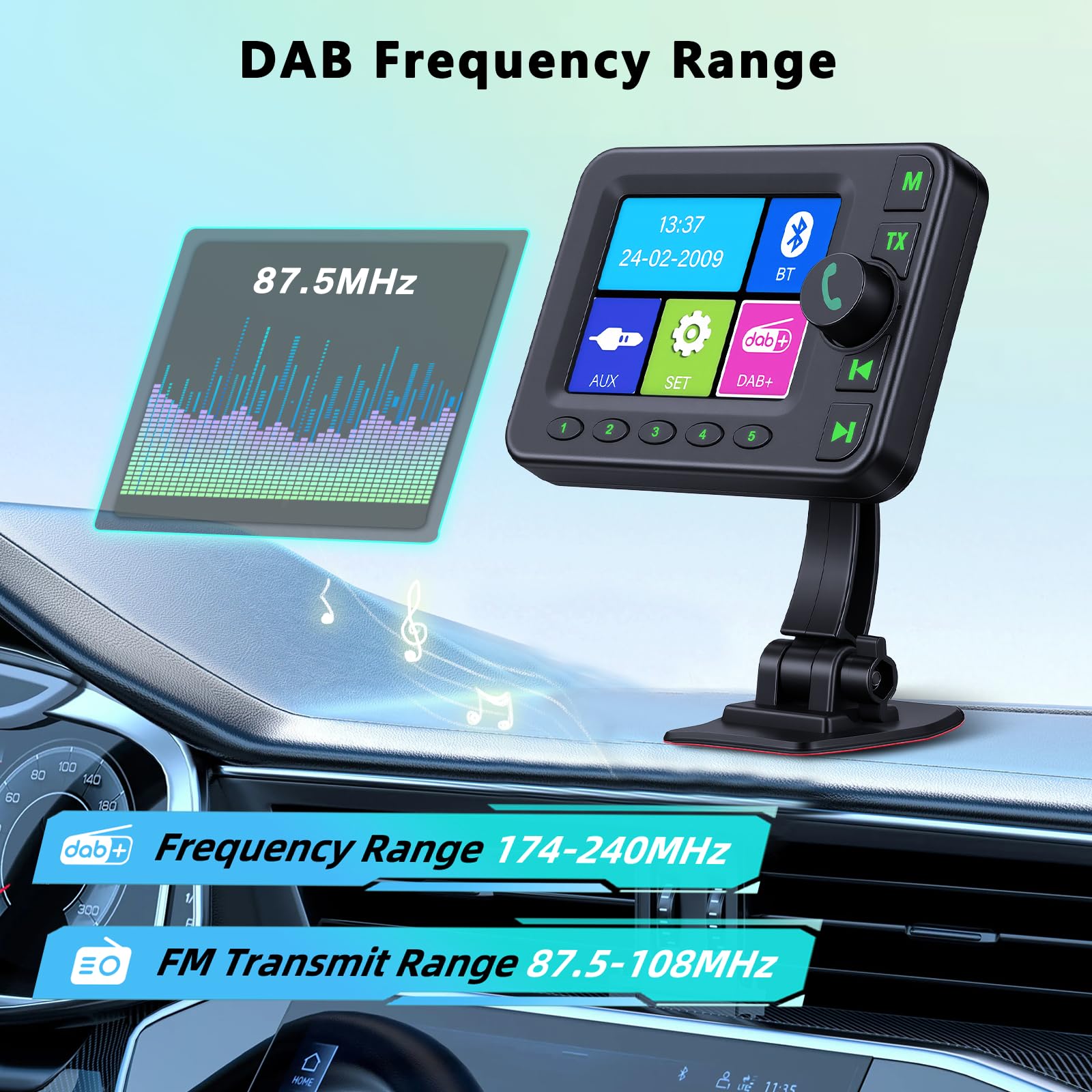 Roinvou Adattatore DAB/DAB+ Portatile per Auto Radio DAB con Display LCD 2,4 Pollici, Vivavoce Bluetooth, Trasmettitore FM, Ingresso AUX, Slot TF
