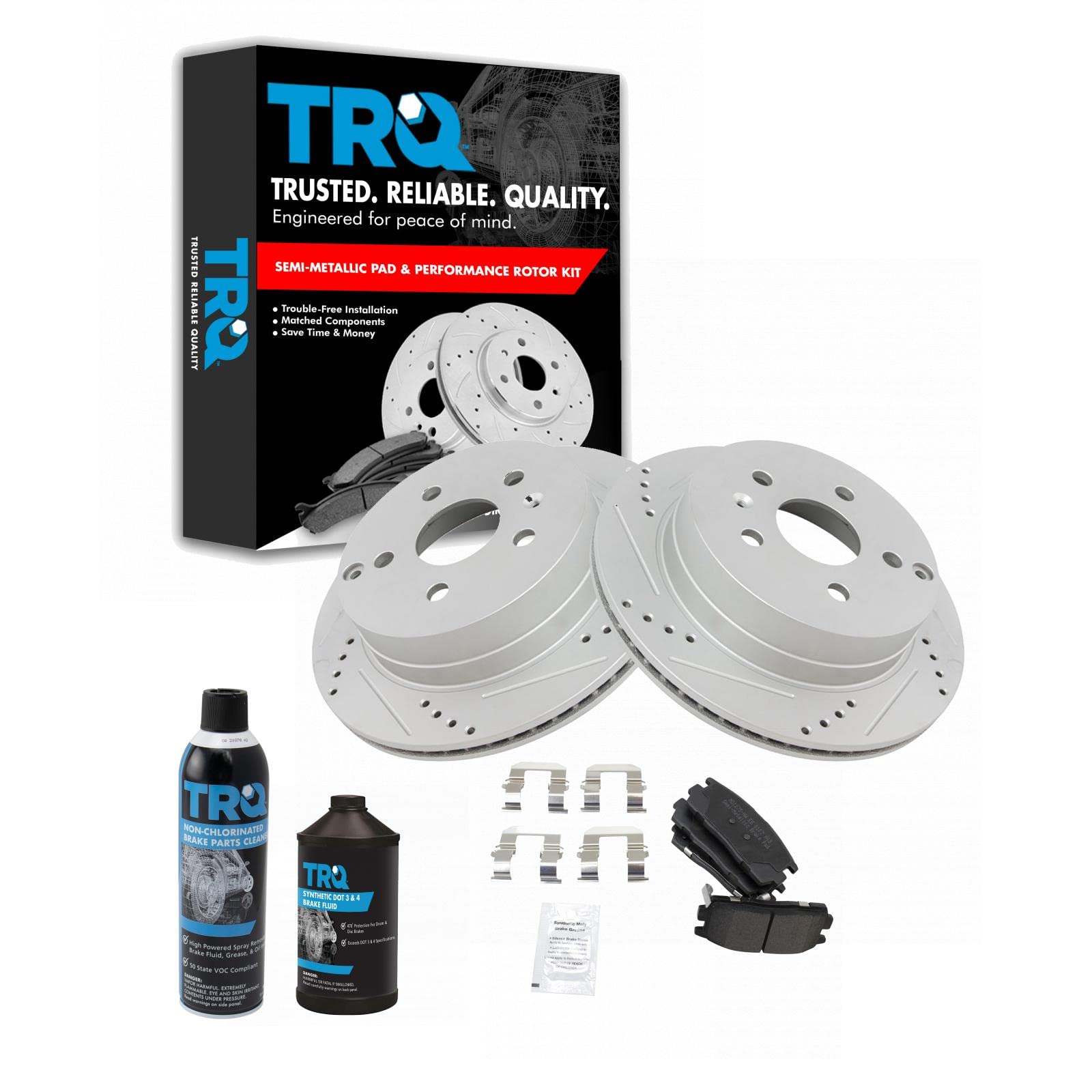 TRQ Rear Performance Brake Pad &amp; Rotor Kit, with Chemical Kit Semi-Metallic Premium G-Coated Compatible with 2010-2017 Chevrolet Equinox GMC Terrain