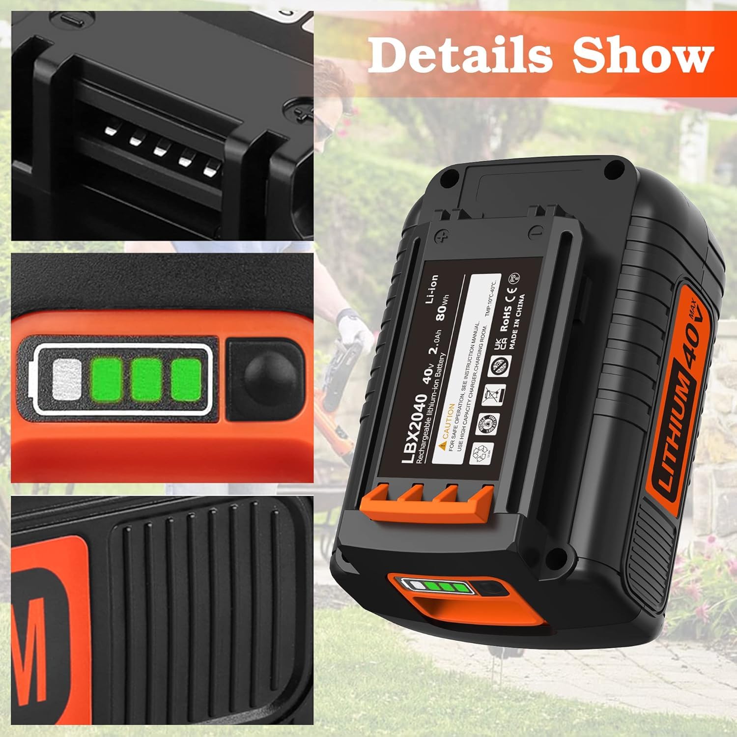 BULL-TECH - Batería de litio negra de 40 V máx. 2.0 Ah y Decker de 40 V, compatible con todas las herramientas Power 40 V Black y Decker Power+