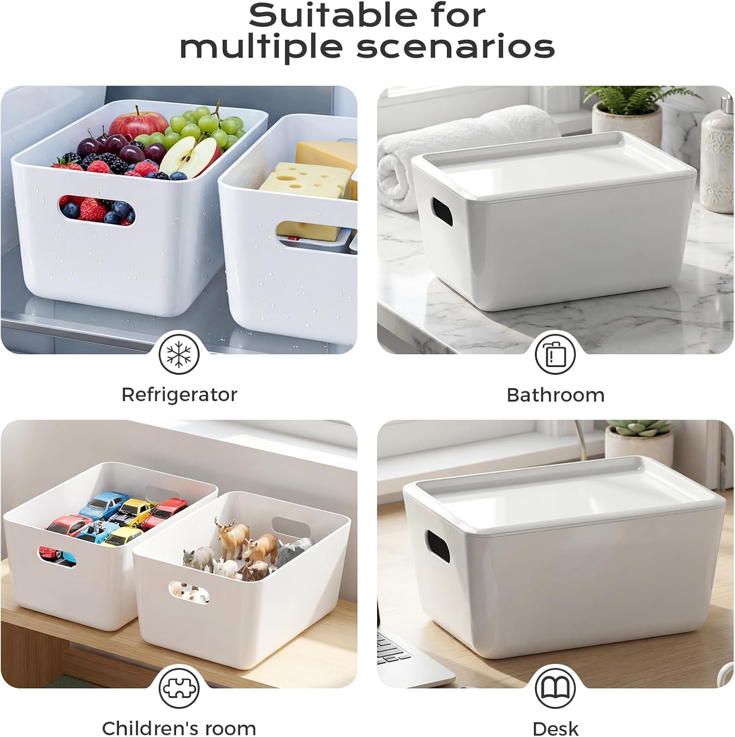12 Pack White Storage Bins with Lids, PET Plastic Pantry Organizers and Storage, Small Storage Bins for Kitchen, Fridge, Bathroom, Office
