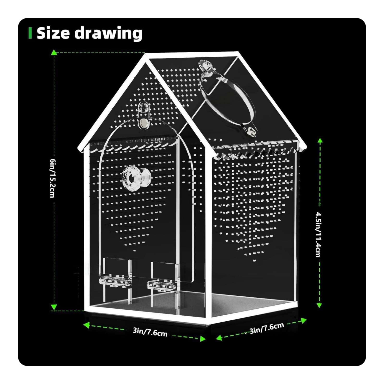 Terrario Acrílico para Reptiles Caja Hábitat Vivario Transparente con Orificios de Aire en Costados y Techo Puerta con Pestillo Seguro y Boca de, 3x3x6 Pulgadas