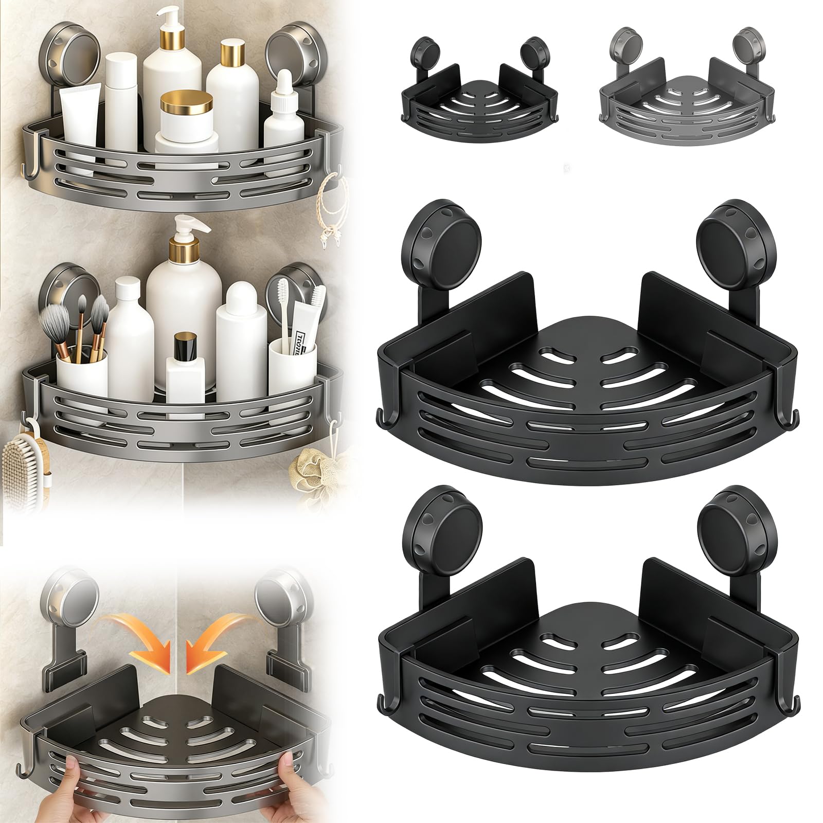 Suction Cup Corner Shower Shelf No-Drill Bathroom Corner Shelf Corner Shower Storage Rack Without Damaging Walls Resists Water