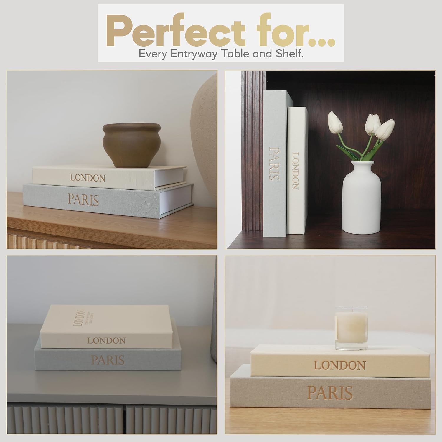 Decorative Books with Storage – Set of 2 Faux Linen Book Boxes with Gold Stamped Covers – Enhance Your Coffee Table, Bookshelf or Mantle Decor – Hidden Storage for Photos, Keepsakes, and Jewelry image 5