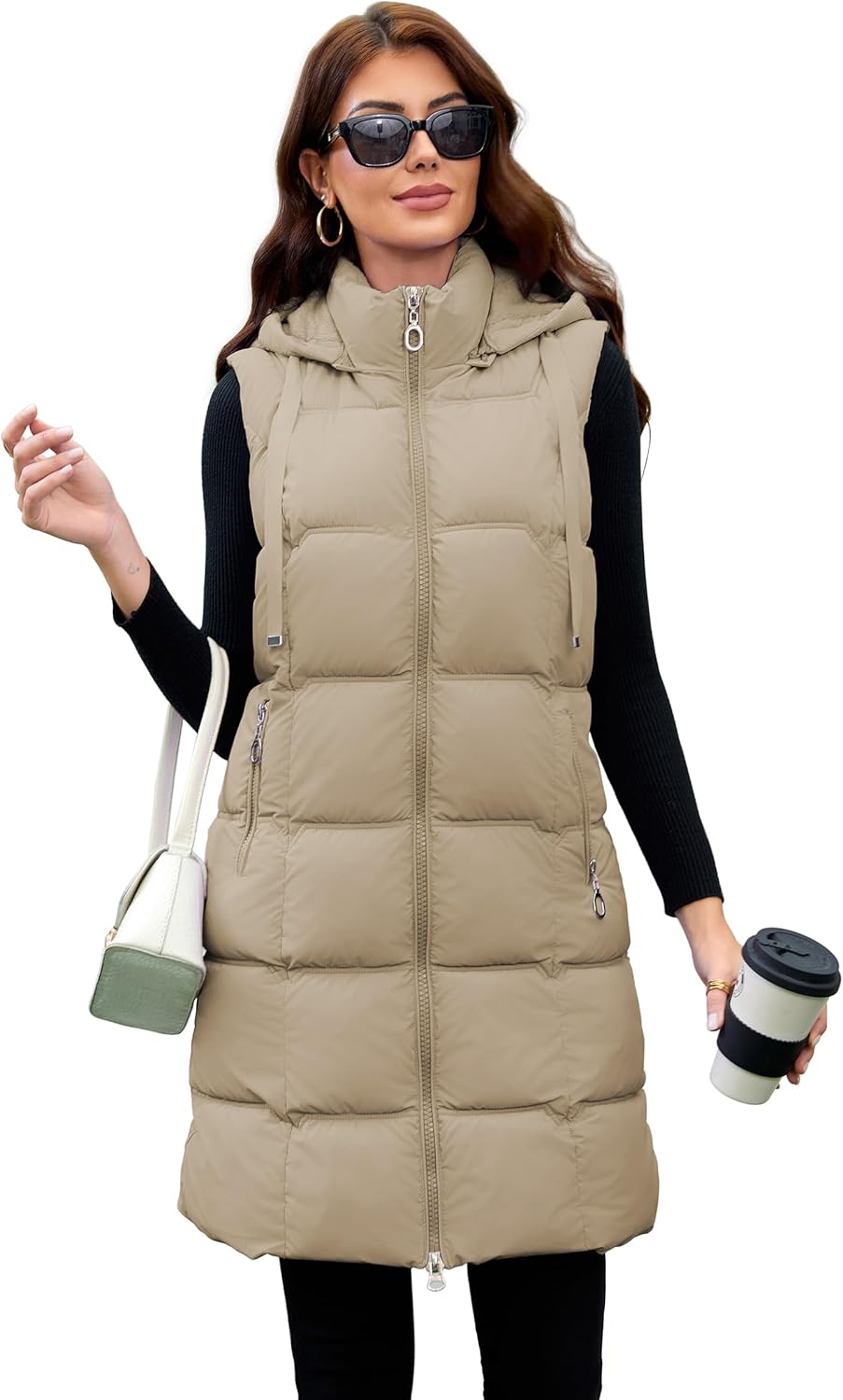 Long Puffer Vest for Women with Hood Thickened Packable Sleeveless Extended Long Vest for Fall & Winter