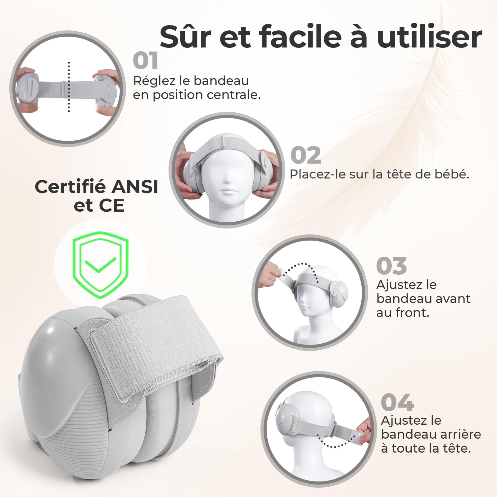 Casque Anti Bruit pour Bébés, Protection Auditive pour Enfants de 0 à 48 Mois, Homologués CE & ANSI, 25dB Casques Réduction Bruit Bebe pour le Sommeil et les Voyages en Avion - Gris