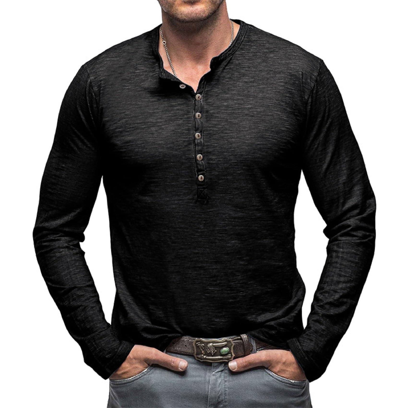 Plilima Maglietta da Uomo Manica Lunghe Casuale Henley Tshirt Uomo Cotone t Shirt Vintage Uomo