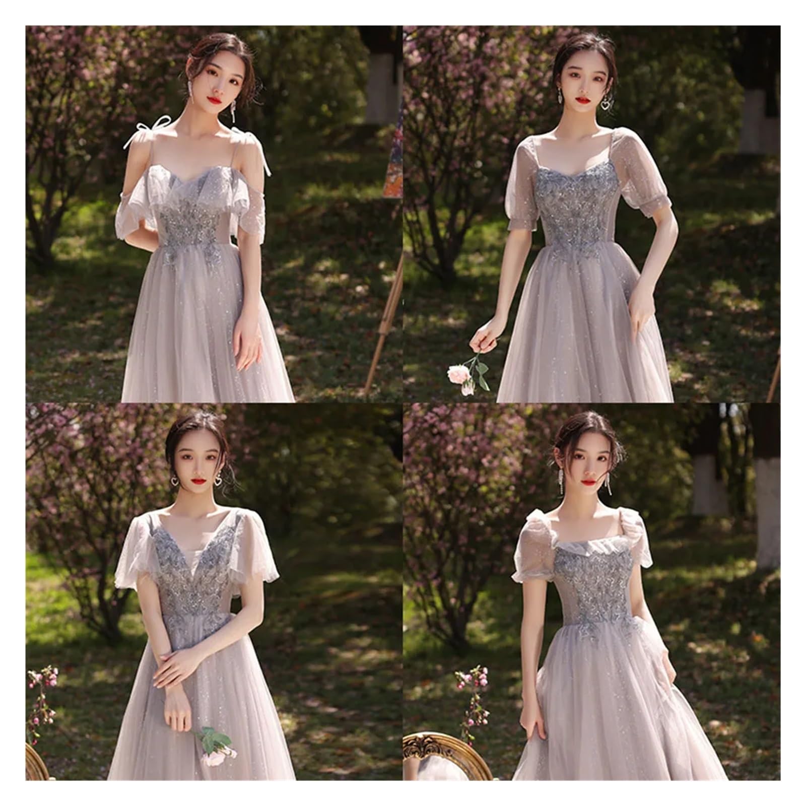 Robe de demoiselle d'honneur en Tulle, 4 Styles, avec des appliques élégantes, manches courtes, douce, ligne a, longueur cheville, robe d'invité de fête de mariage Pour Mariage CéRéMonie(Grey Long D,1
