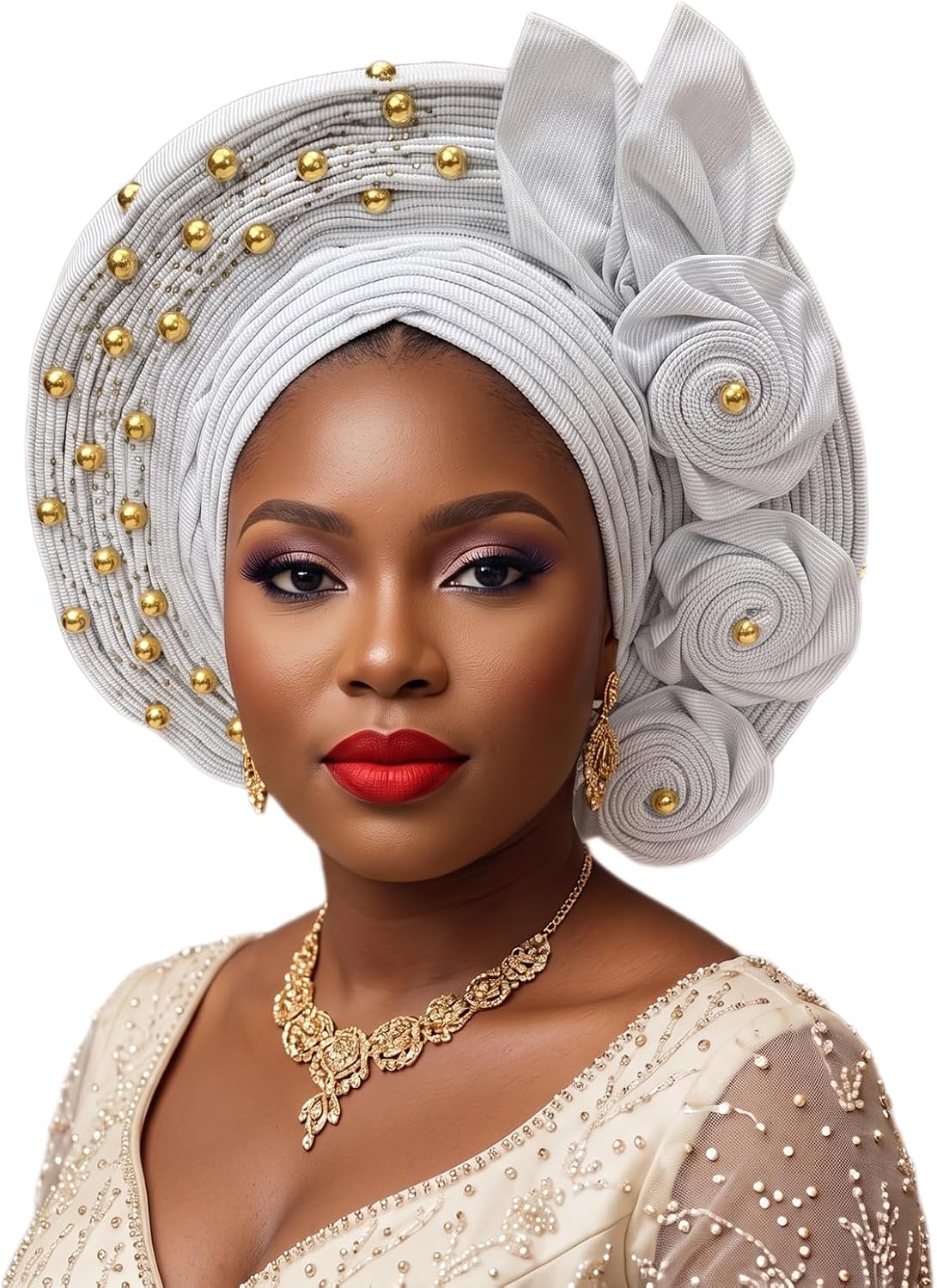 African Auto Gele Head Wrap for Women, Nigerian Turban with Rhinestones and Beads, for Weddings and Parties