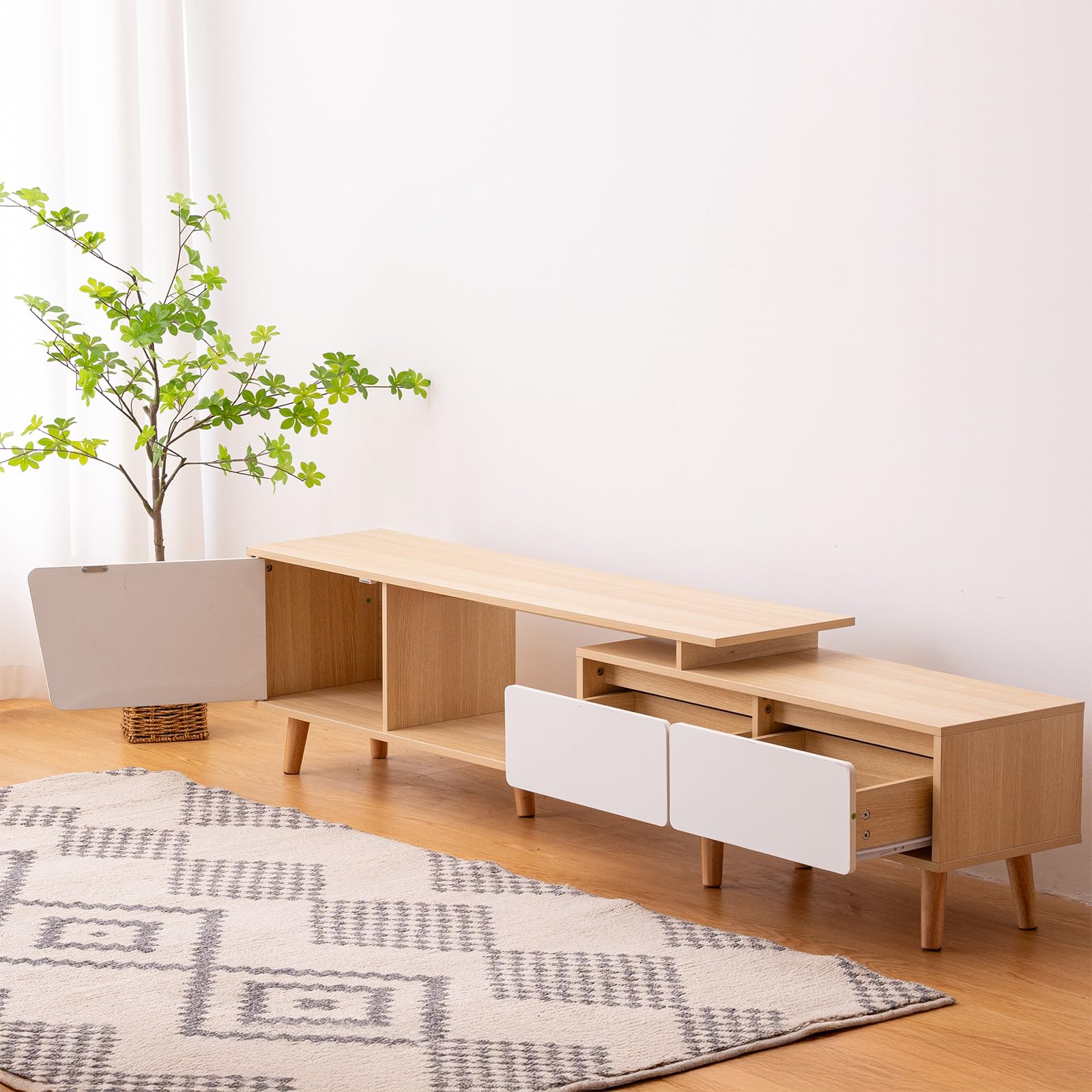 Meuble TV Extensible 140–190 cm, 2 Tiroirs, 1 Porte et 1 Niche Ouverte, Meuble Tele Bois et Blanc, Meuble Télé avec Rangement, Table TV pour Salon ou Chambre, Design Moderne