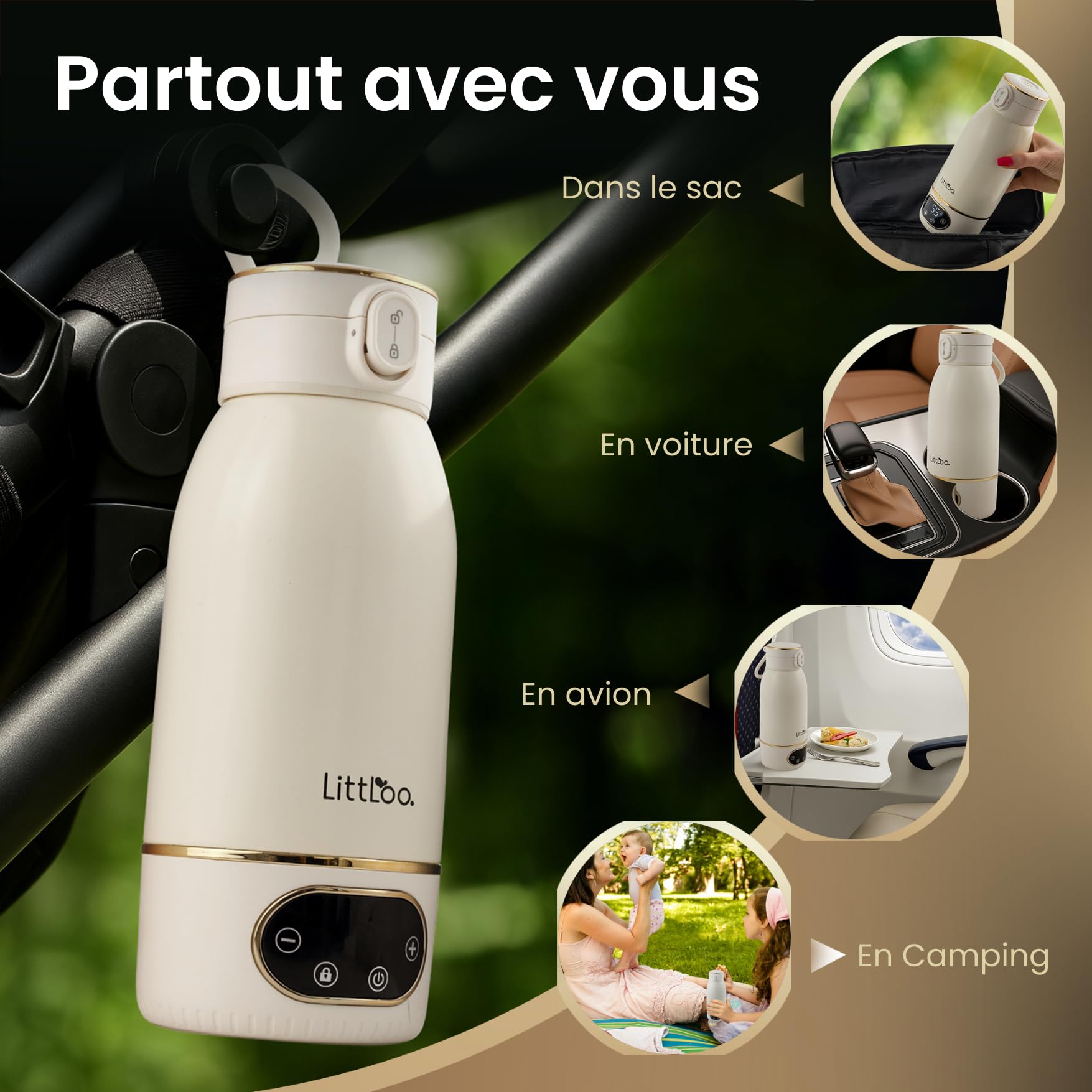 LittLoo Chauffe Biberon Sans Fil Portable, 500ml, Nomade USB-C, Température Réglable 35-65°C, Pasteurisation, Inox SUS316 Sans BPA, Autonomie 8 Biberons, Voyage Voiture Nuit, Lait Maternel