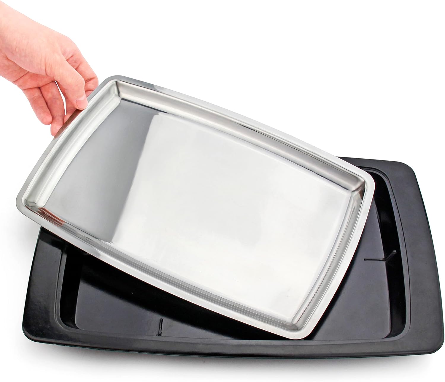 New Star Foodservice 26672 Rectangular Stainless Steel Sizzling Platter with Insulated Holder, 11" x 7.25", Black