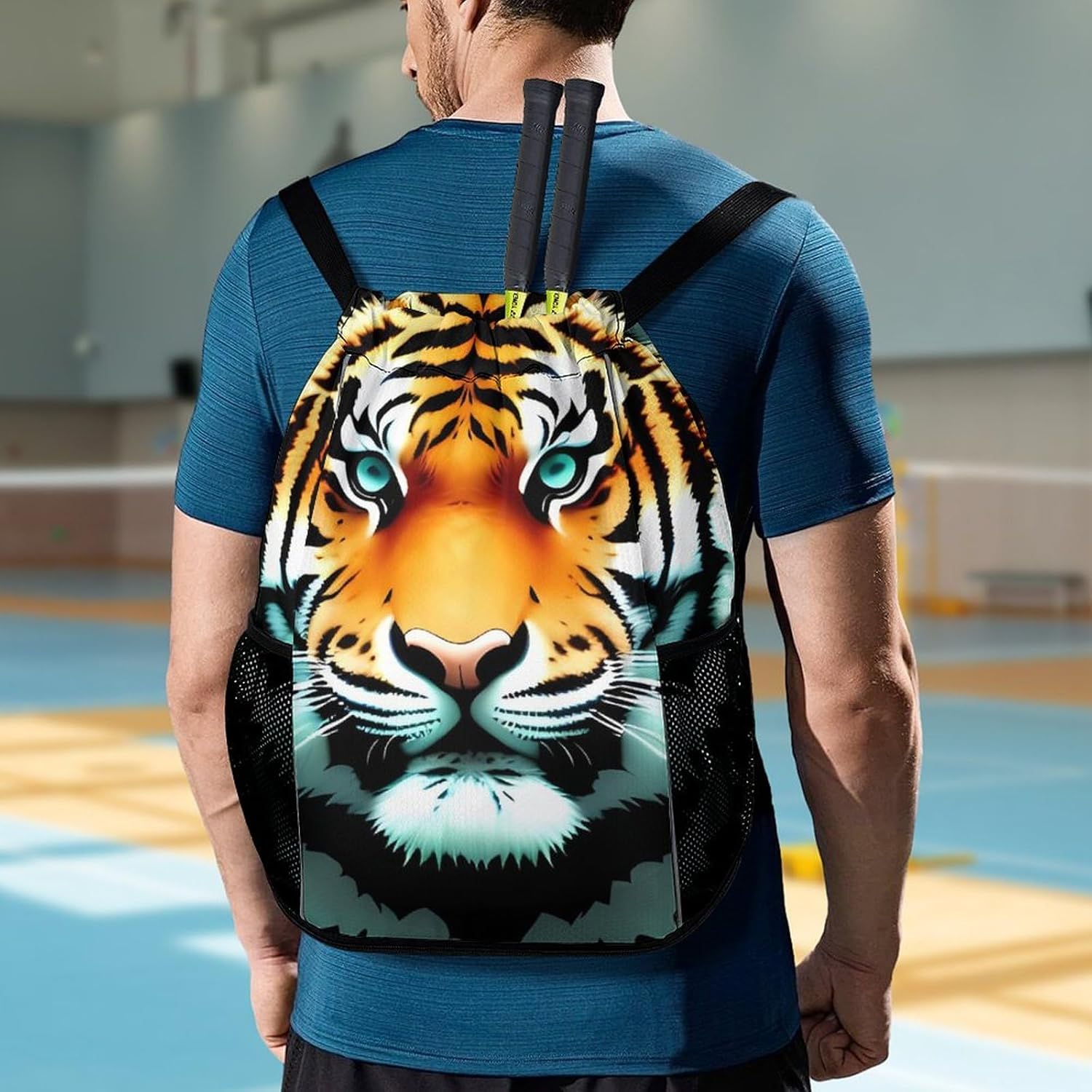 Small Gym Bag Little Fat Tiger Head Printed Drawstring Gym Bag for Men Lightweight Waterproof Drawstring Backpack for Women with Shoe Compartment for Travel Tourism Work And Fitness