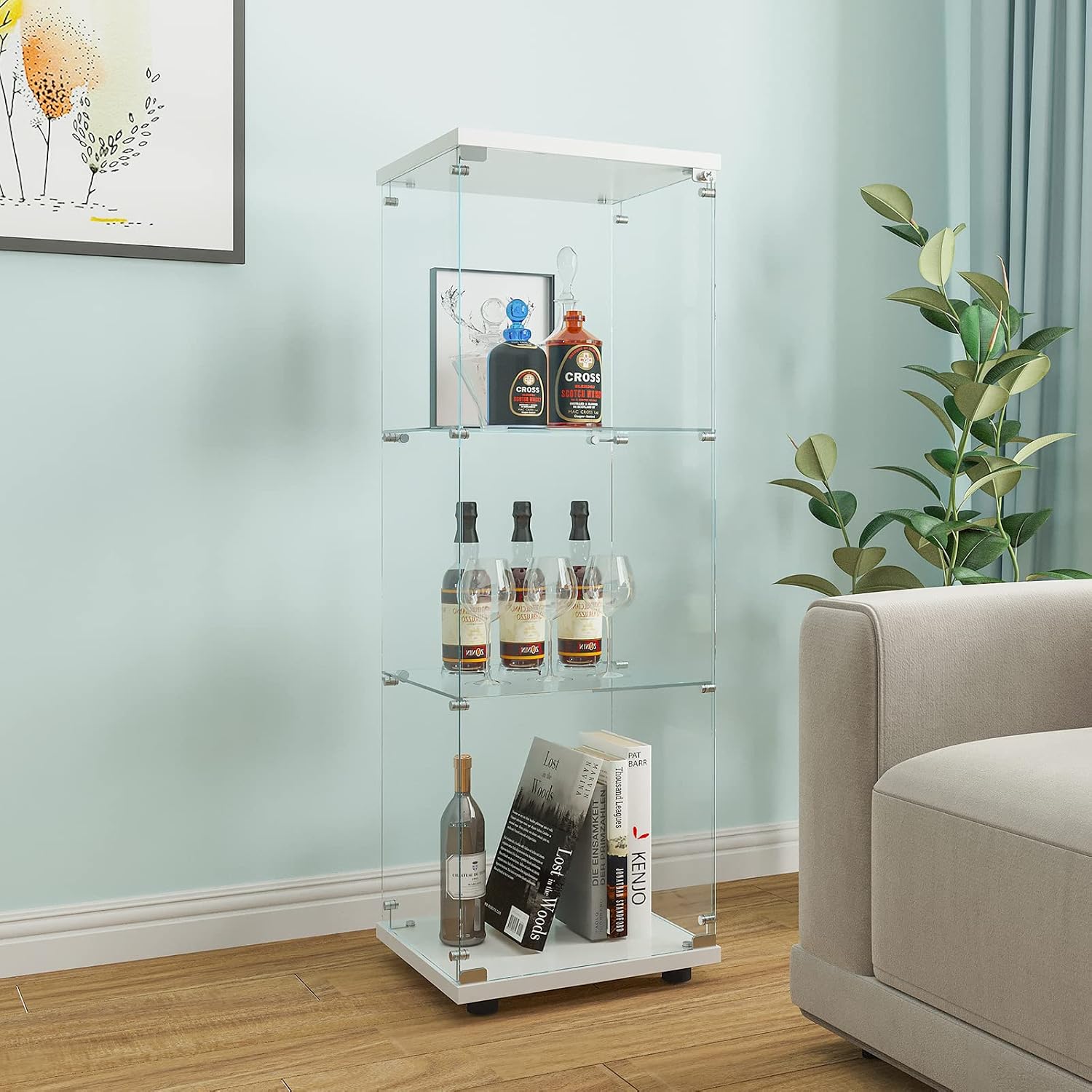 Beauty4U Glass Display Cabinet with 3 Shelves, One-Door Curio Cabinets for Living Room, Bedroom, Office, White Floor Standing Glass Bookshelf, Quick Installation