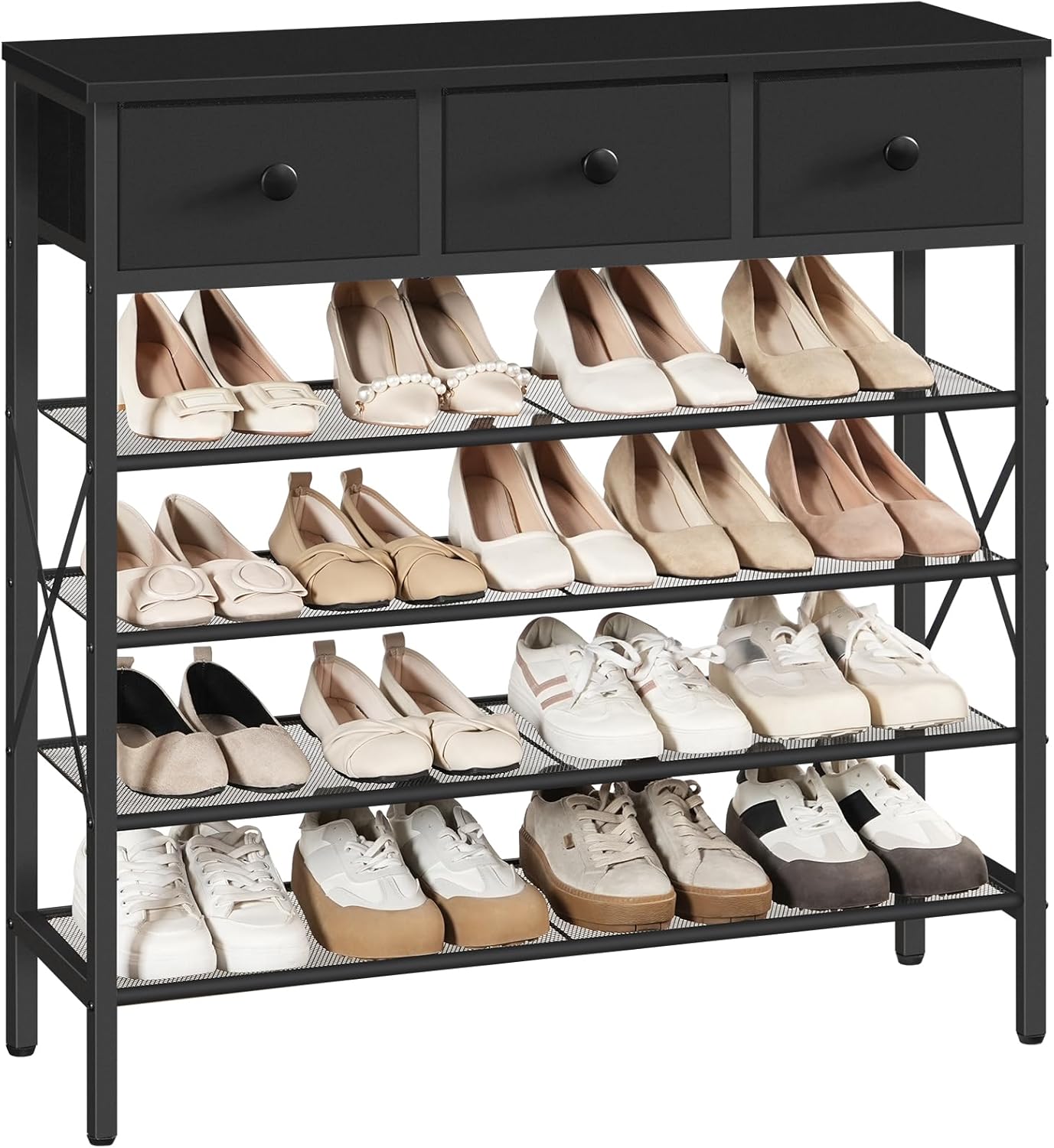 5-Tier Shoe Rack with 3 Drawers, Metal Shoe Organizer for 20 Pairs with Storage Shelves and Wooden Top, for Entryway, Hallway, Foyer, Closet, Black SS35BB